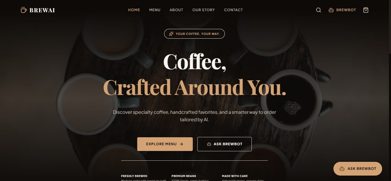 BrewAI coffee chatbot website mockup by PixiTech Studio